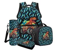 LACIYISON Set zaino leggero con portapranzo, astuccio per la bottiglia d'acqua, zaino da viaggio per scuola junior, Trattore Dinosauro Fuoco Blu, Taglia unica, Set di zaini per la scuola