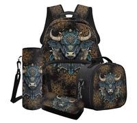 LACIYISON Set zaino leggero con portapranzo, astuccio per la bottiglia d'acqua, zaino da viaggio per scuola junior, Vintage Mandala Highland Bovini, Taglia unica, Set di zaini per la scuola