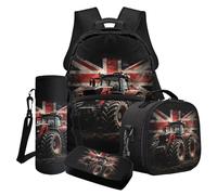 LACIYISON Set zaino leggero con portapranzo, astuccio per la bottiglia d'acqua, zaino da viaggio per scuola junior, Trattore Union Jack, Taglia unica, Set di zaini per la scuola