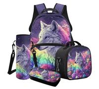 LACIYISON Set zaino per bambini, zaino da viaggio, impermeabile, con borsa per il pranzo, portapranzo, borsa porta bottiglie d'acqua, Lupo rosa colorata, Taglia unica, Set di zaini per la scuola