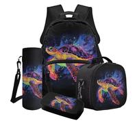 LACIYISON Set zaino per bambini, zaino da viaggio, impermeabile, con borsa per il pranzo, portapranzo, borsa porta bottiglie d'acqua, Tartaruga marina con schizzi di vernice viola, Taglia unica, Set