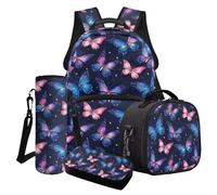 LACIYISON Zainetto scolastico con stampa glitter blu rosa farfalla multi tasca con portapranzo astuccio portamatite e custodia per bottiglia d'acqua per adolescenti Junior High School, Blu Rosa