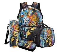 LACIYISON Zaino 4 in 1 con tasca laterale per ragazze con borsa per il pranzo, astuccio per matite e bottiglia d'acqua, Albero Vortice Colorato Gatto Nero, Taglia unica, Set di zaini per la scuola
