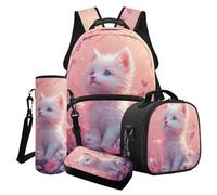 LACIYISON Zaino 4 in 1 con tasca laterale per ragazze con borsa per il pranzo, astuccio per matite e bottiglia d'acqua, Volpe rosa margherita, Taglia unica, Set di zaini per la scuola