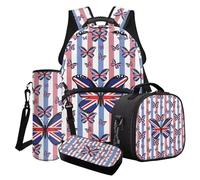 LACIYISON Zaino 4 in 1 con tasca laterale per ragazze con borsa per il pranzo, astuccio per matite e bottiglia d'acqua, Farfalla Union Jack, Taglia unica, Set di zaini per la scuola