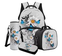 LACIYISON Zaino 4 in 1 con tasca laterale per ragazze con borsa per il pranzo, astuccio per matite e bottiglia d'acqua, Farfalla margherita, Taglia unica, Set di zaini per la scuola
