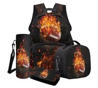 LACIYISON Zaino Combo Set Bookbag Grande Satchel con Borsa Pranzo Astuccio Matita e Bottiglia D'acqua Zaino Leggero, Fuoco Fiamma Rugby, Taglia unica, Set di zaini per la scuola