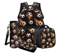 LACIYISON Zaino Combo Set Bookbag Grande Satchel con Borsa Pranzo Astuccio Matita e Bottiglia D'acqua Zaino Leggero, Calcio Fiamma Fuoco Cartoon, Taglia unica, Set di zaini per la scuola