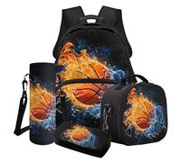 LACIYISON Zaino Combo Set Bookbag Grande Satchel con Borsa Pranzo Astuccio Matita e Bottiglia D'acqua Zaino Leggero, Fuoco Fiamma Acqua Basket, Taglia unica, Set di zaini per la scuola