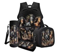 LACIYISON Zaino nero con stampa di cavalli selvatici 4 pezzi con tasca laterale per ragazzi con astuccio, borsa porta bottiglie d'acqua, zaino e borsa per il pranzo set, Cavallo Selvaggio, Taglia