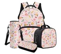 LACIYISON Zaino per bambini con stampa di fragole a forma di matita con rose e scritta "Strawberry", set con borsa per il pranzo, borsa per matite, borsa porta bottiglie d'acqua, Matita libro rosa