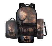 LACIYISON Zaino per ragazzi Zaino per bambini Zaini impermeabili Boookbag Set con borsa per il pranzo Scatola di matita Borsa per bottiglia d'acqua, Croce Elk Forest Star, Taglia unica, Set di zaini