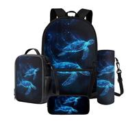 LACIYISON Zaino per ragazzi Zaino per bambini Zaini impermeabili Boookbag Set con borsa per il pranzo Scatola di matita Borsa per bottiglia d'acqua, Tartaruga Marina Glitter Blu, Taglia unica, Set di