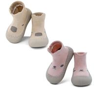 LACOFIA 2 Paia Scarpe Primi Passi Bambina Scarpe Calzino Neonata Traspiranti con Suola in Gomma Kaki+Rosa 6-12 Mesi