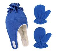 LACOFIA Cappellini Beanie e Manopole Caldo Pile per Neonato Berretto da Pilota Invernale con Paraorecchie e Guanto da Bambino Blu 0-18 Mesi