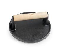 Lacor - 25862 - Pressa per Hamburger Rotonda Magma, Ghisa, Manico Ergonomico in Betulla, Superficie Scanalata, Ø17.5 cm