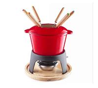 Lacor- 71711 - Set Fonduta di Ghisa Smaltata, Supporto in Ferro con base in Legno, Adatto per Induzione, 6 tenori, Ø 16,5x10cm (1,7 litri),Rosso