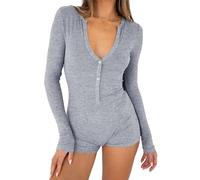 LACOZY Pagliaccetti a maniche lunghe con scollo a V per le donne sexy Y2k pantaloncini tuta aderente pigiama set palestra body, Grigio chiaro, M