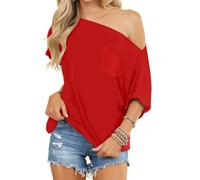 LACOZY Top estivo da donna con spalle scoperte a maniche corte casual vestibilità ampia camicie a pipistrello Y2K top t-shirt camicetta oversize, Rosso, L