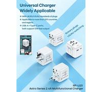 L'adattatore da viaggio multifunzione RP-U23 Space Travel 2.4A è un caricabatterie per telefoni e laptop con diverse specifiche di connettore, tra cui spine UK/EU/US/Australia. È dotato di interfaccia