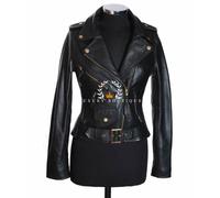 Ladies Brando Black Gold Zip Ladies Biker Style Cowhide Leather Fashion Jacket