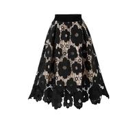 Ladies Plus Size High Waist Lace Skirt, Solid Color A-Line Maxi Swing Skirt, Elegant Formal Casual Midi Skirt for Women, Size L-4XL Summer Wear (Black,4XL)