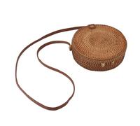 Ladies Round Rattan Woven Bag Summer Women Bag Beach Handmade Woven Rattan Shoulder with Genuine Leather Strap Diameter 20cm Vegan Buckle with Lining Boho Style (Natural Color Oval with Lining)