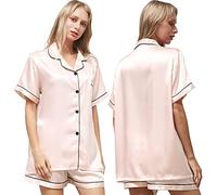 Ladieshow Pigiama Raso Donna, Set Pigiama Estivo Donna Maniche Corte in Seta Camicia da Notte Sleepwear Pigiameria Pigiama Corto Donna 2 Pezzi Pigiama Set per Dormire Abbigliamento da Salotto Set