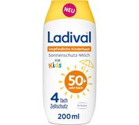 Ladival Crema solare per bambini, latte LSF50+, per pelli sensibili dei bambini, neonati e bambini dai 6 mesi, extra impermeabile, 4 protezioni cellule, 200 ml