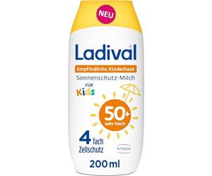 Ladival Crema solare per bambini, latte LSF50+, per pelli sensibili dei bambini, neonati e bambini dai 6 mesi, extra impermeabile, 4 protezioni cellule, 200 ml