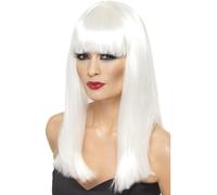 Lady Gaga Bianco Parrucca Ondulate Lunghe con Frangia 80's Glamour Donna Costume