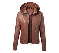 Lady Gaga - Giacca in pelle da donna, tinta unita, con cerniera, con cappuccio, giacca in pelle alla moda da motociclista, cappotto in pelle, 026- Marrone, Large