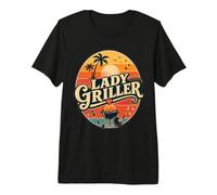 Lady Griller Retro Sunset BBQ Grill Donna Barbecue Queen Maglietta Premium