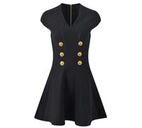 Lady Knits - Mini abito da donna senza maniche, con scollo a V, doppio petto, tinta unita, Nero , S