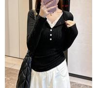 Lady Pure Color V-collo Casual Pizzo Maniche Lunghe Falso Due Pezzi Top | Design con scollo a V, dettagli in pizzo, stile finto a due pezzi, casual per il tempo libero, tessuto a maglia morbida