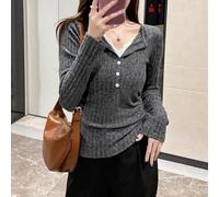 Lady Pure Color V-collo Casual Pizzo Maniche Lunghe Falso Due Pezzi Top | Design con scollo a V, dettagli in pizzo, stile finto a due pezzi, casual per il tempo libero, tessuto a maglia morbida