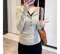 Lady Pure Color V-collo Casual Pizzo Maniche Lunghe Falso Due Pezzi Top | Design con scollo a V, dettagli in pizzo, stile finto a due pezzi, casual per il tempo libero, tessuto a maglia morbida