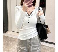 Lady Pure Color V-collo Casual Pizzo Maniche Lunghe Falso Due Pezzi Top | Design con scollo a V, dettagli in pizzo, stile finto a due pezzi, casual per il tempo libero, tessuto a maglia morbida