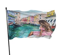 Lady Sit Beyond Venice River Garden Flag 3x5 FT Vintage Barcaiolo Romantico Italia Colori Casa Poliestere Cortile Bandiere Casa Patio Prato Banner di auguri per interni ed esterni