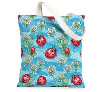Ladybug Canvas Tote Bag per le donne, Primavera Giocoso Trifoglio Gocce D'acqua Primavera Rosso Lavabile Riutilizzabile Estetica Tote Bag I, Rosso, 13x15 Inch