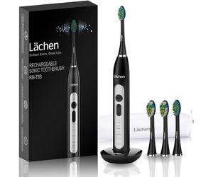 Lächen Sonic - Spazzolino elettrico sonico con 4 testine e timer, 3 modalità e 3 livelli di vibrazione con borsa da viaggio (B-Nero)
