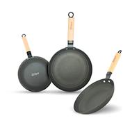 Lätt Home - Set Padelle in Ghisa Antiadente 20, 24 e 28 cm - Per Induzione, Gas, Vetroceramica, Elettrico, Forno e Lavastoviglie - Manici Removibili in Legno Chiaro - Senza PFOA e PTFE