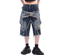 Lafaguw Baggy Jorts Donne Uomini Star Patchwork Vita Alta Gamba Larga Jeans Shorts Gotico Streetwear Vestiti Estivi, Blu, S