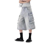 Lafaguw Jeans ritagliati per donne uomini a vita alta gamba larga Jorts larghi Y2K Casual Cargo Jeans corti vestiti estivi grunge., Blu 4, Large Corto