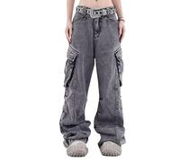 Lafaguw Pantaloni cargo da donna, vita bassa, jeans baggy, Y2K, tasche, gamba larga, comodi, alla moda, streetwear, abbigliamento grunge emo per donne in grigio o nero, M