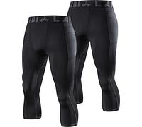 LAFROI Men's 2-Pack Compression Fit 3/4 Tights Leggings with Pcoket/Non-Pocket-YSK10 Pocket Black Size MD
