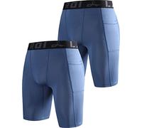LAFROI Men's 2-Pack Quick Dry Cool Compression Fit Tights Shorts Waistband -YSK09 Pocket Grayish Blue Size XL