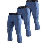 LAFROI Men's 3-Pack Compression Fit 3/4 Tights Leggings with Pcoket/Non-Pocket-YSK10 Pocket Grayish Blue Size SM