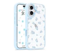 Lafunda per iPhone 16 Cover con Design Fiori Dolce e Bumper Antiurto, Cover con Glitter Strass, Protezione per Donne e Ragazze, Custodia Elegante e Resistenti per iPhone 16, Blu