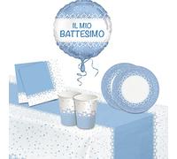 Lage Kit Decorazione Tavola per Festa Bimbo, stoviglie per Battesimo, Compleanno, Comunione, Cresima, Celeste e Bianco, 8 Bicchieri, 8 Piatti, 20 Tovaglioli, 1 Tovaglia e 1 Festone con Bandierine